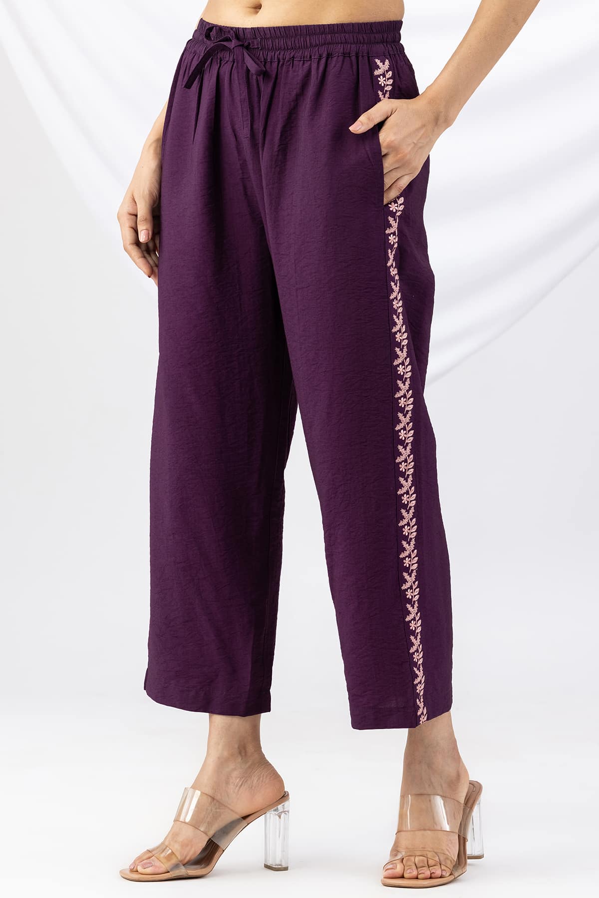 embroidered palazzo purple viscose crush regular fit for women