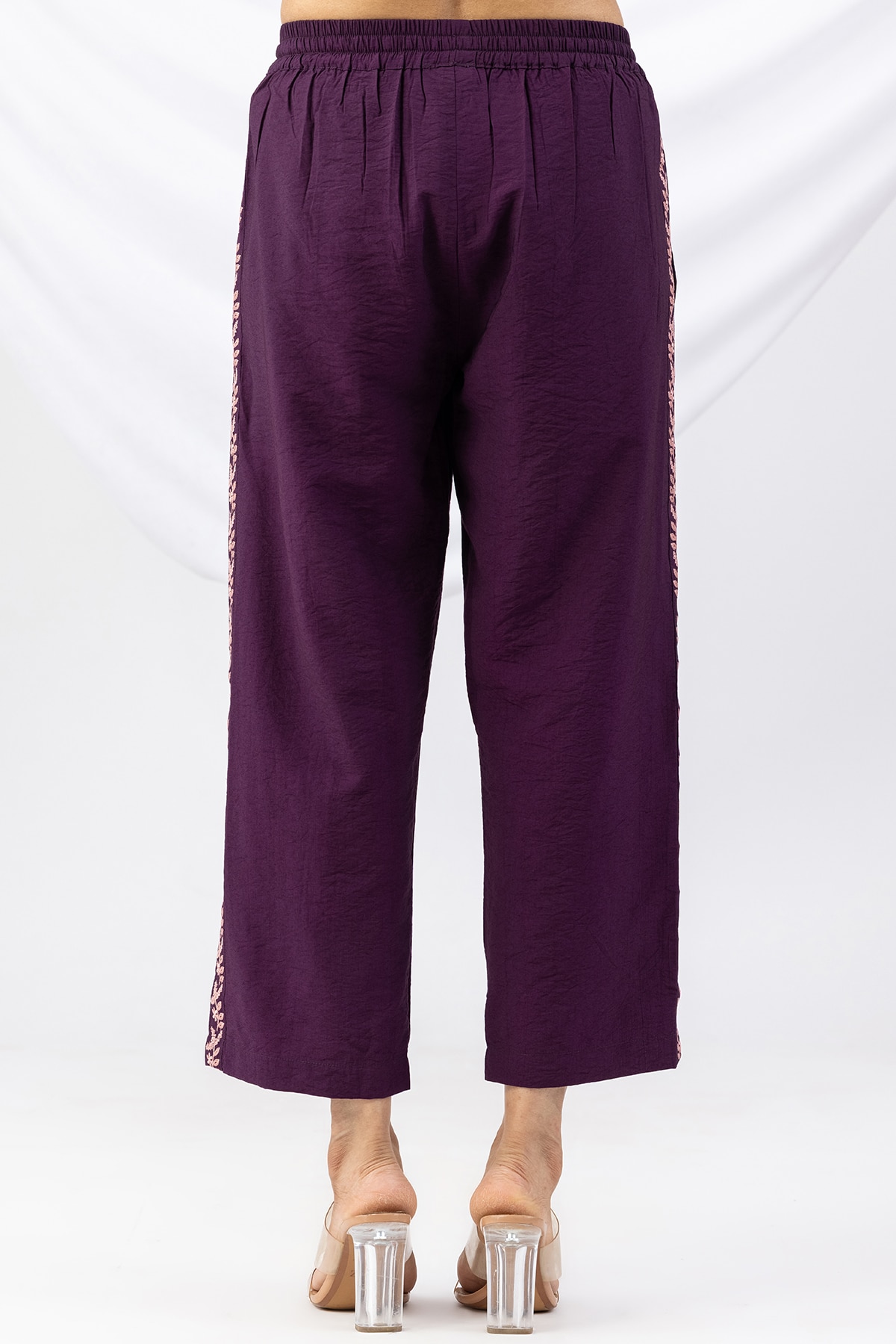 embroidered palazzo purple viscose crush regular fit for women