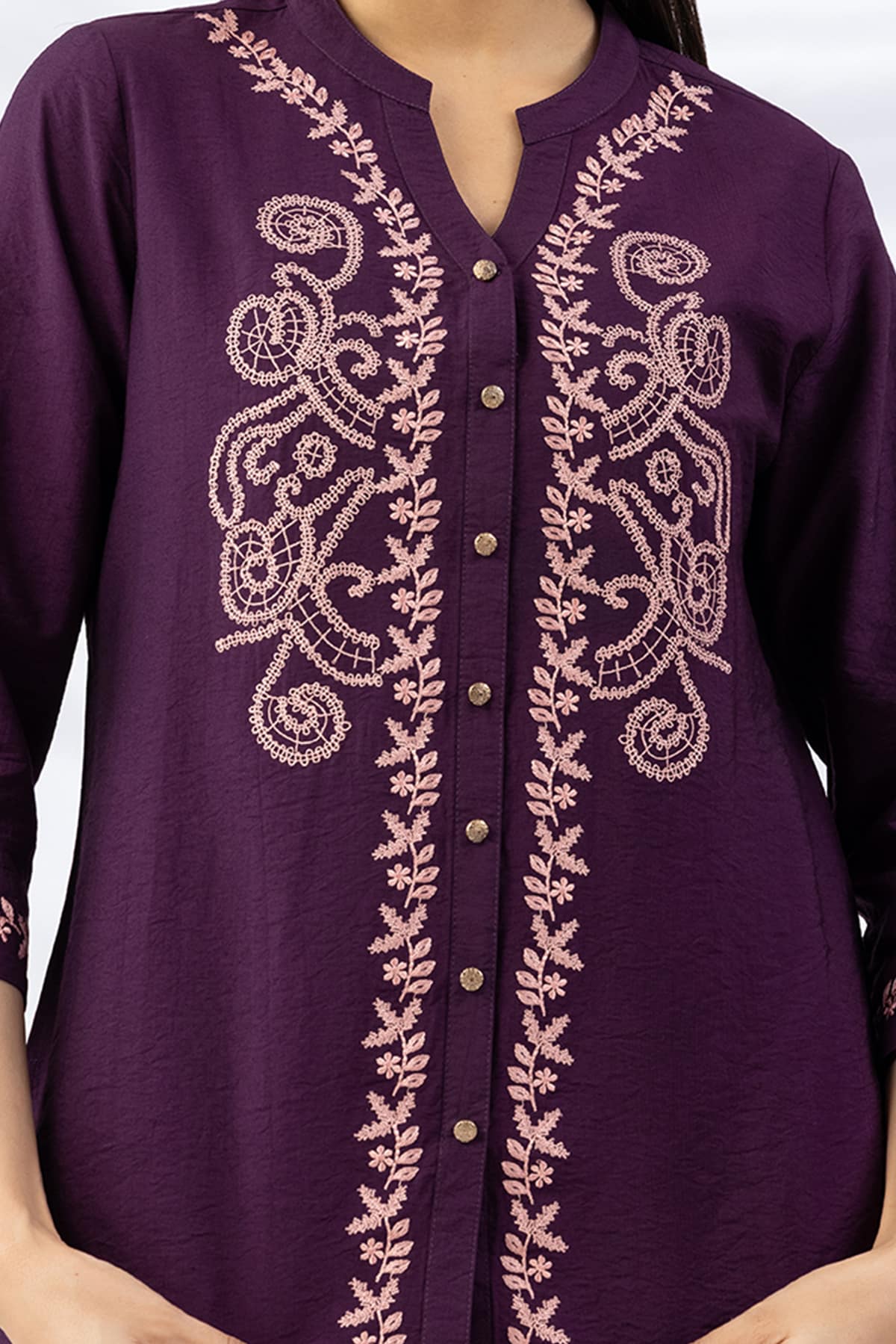 mandarin collar shirt purple embroidered viscose crush with 3/4 sleeves