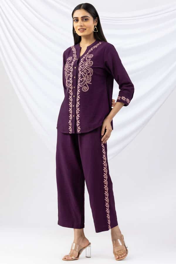mandarin collar shirt purple embroidered viscose crush with 3/4 sleeves