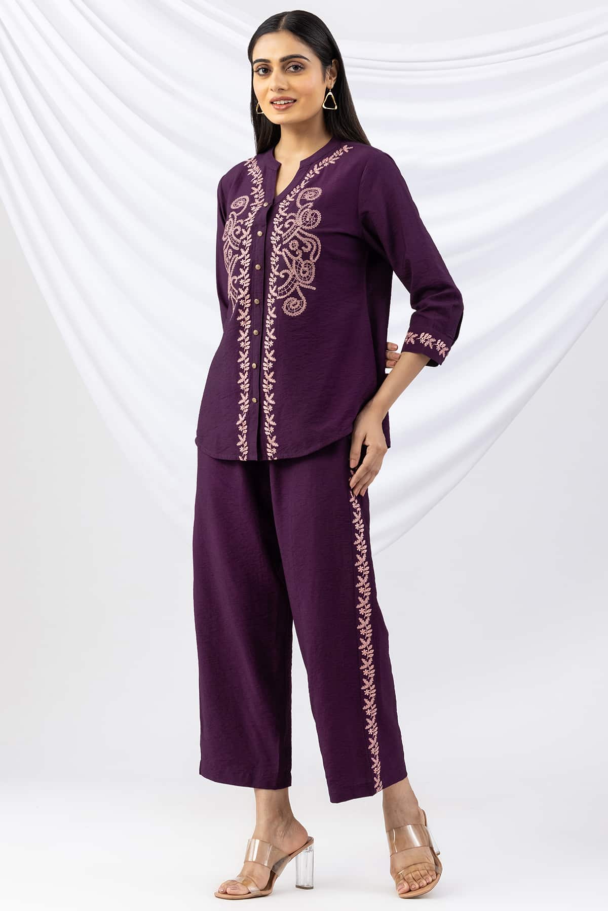 mandarin collar shirt purple embroidered viscose crush with 3/4 sleeves