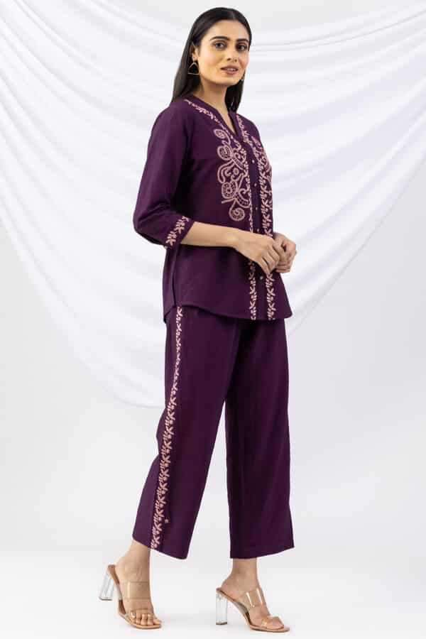 mandarin collar shirt purple embroidered viscose crush with 3/4 sleeves