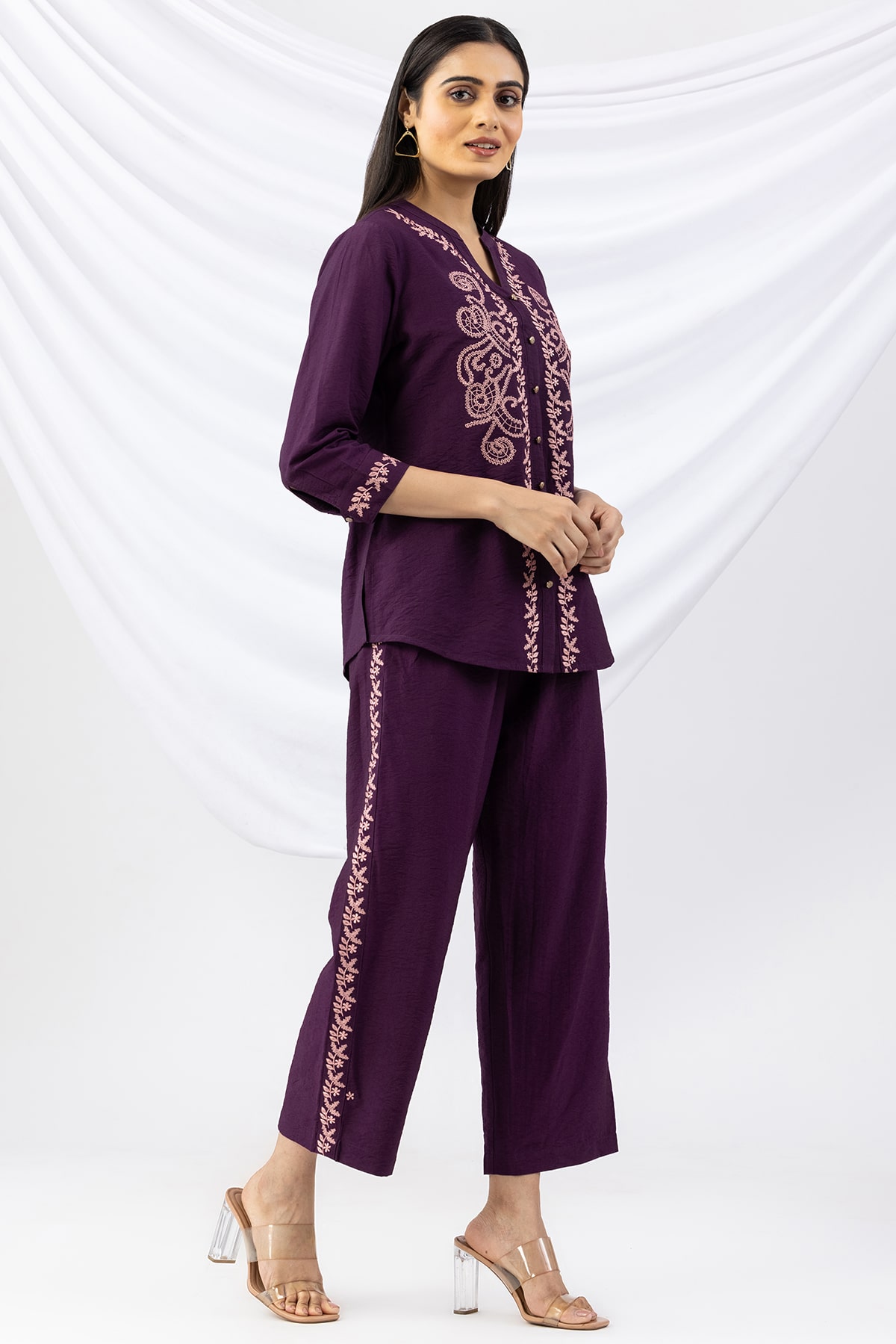 mandarin collar shirt purple embroidered viscose crush with 3/4 sleeves
