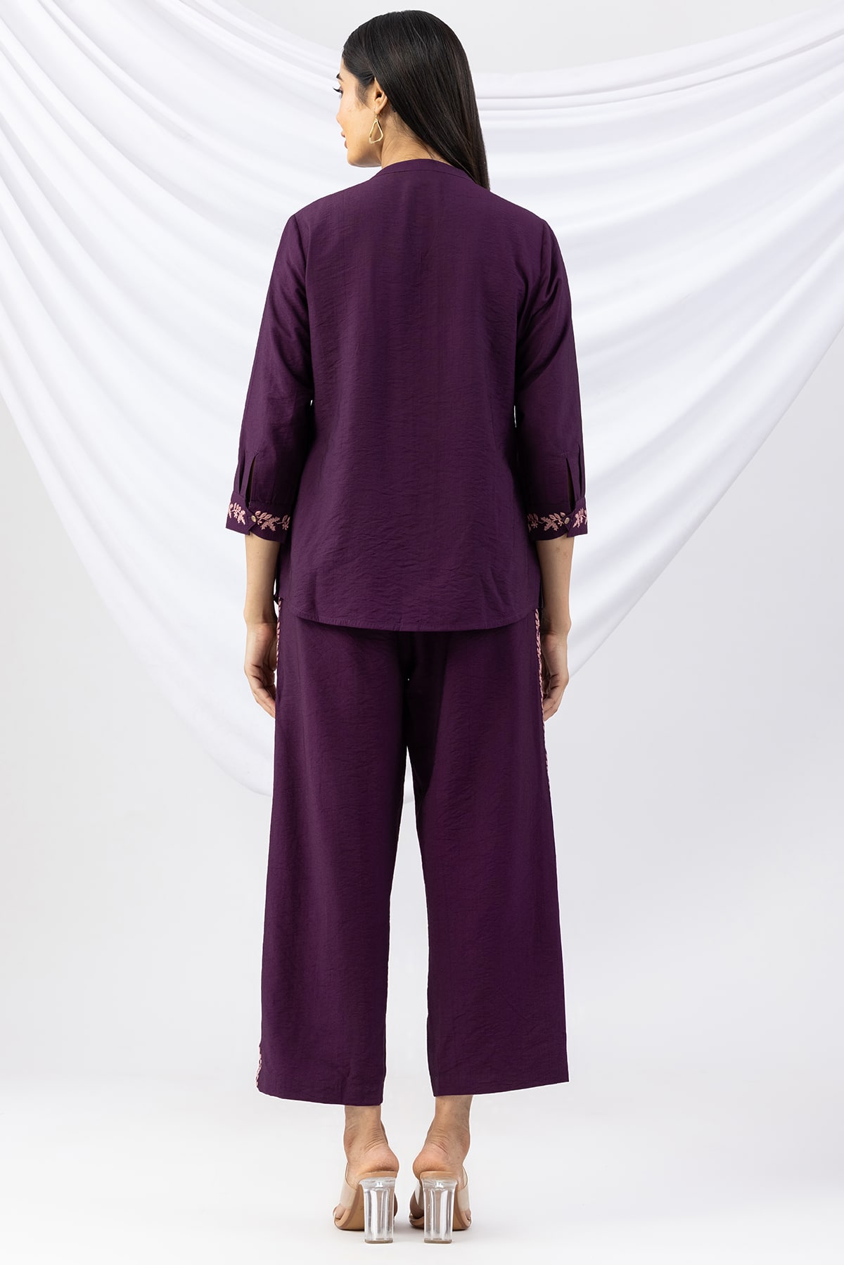 mandarin collar shirt purple embroidered viscose crush with 3/4 sleeves