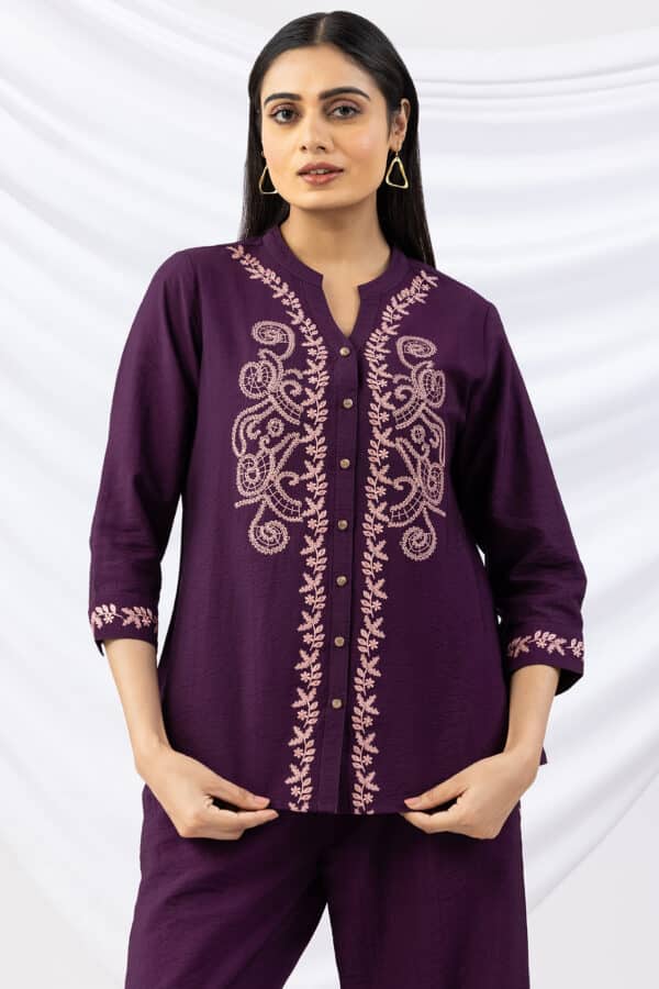 mandarin collar shirt purple embroidered viscose crush with 3/4 sleeves