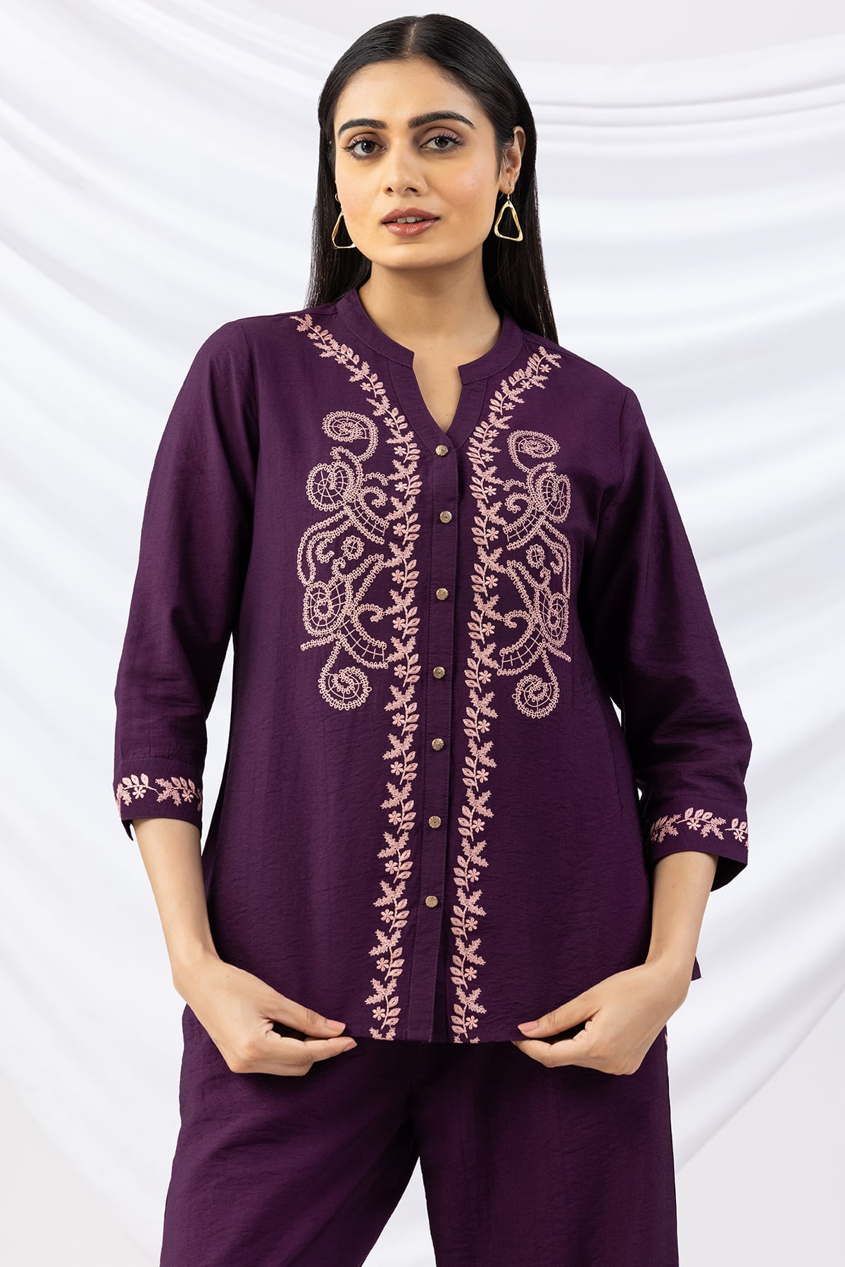 mandarin collar shirt purple embroidered viscose crush with 3/4 sleeves