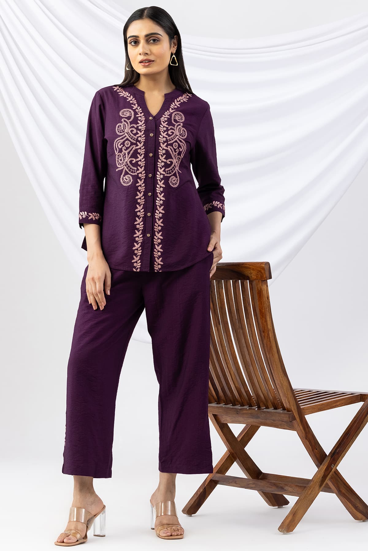 mandarin collar shirt purple embroidered viscose crush with 3/4 sleeves