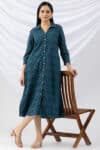 cotton dress women teal schiffli collared dress with 3/4 sleeves
