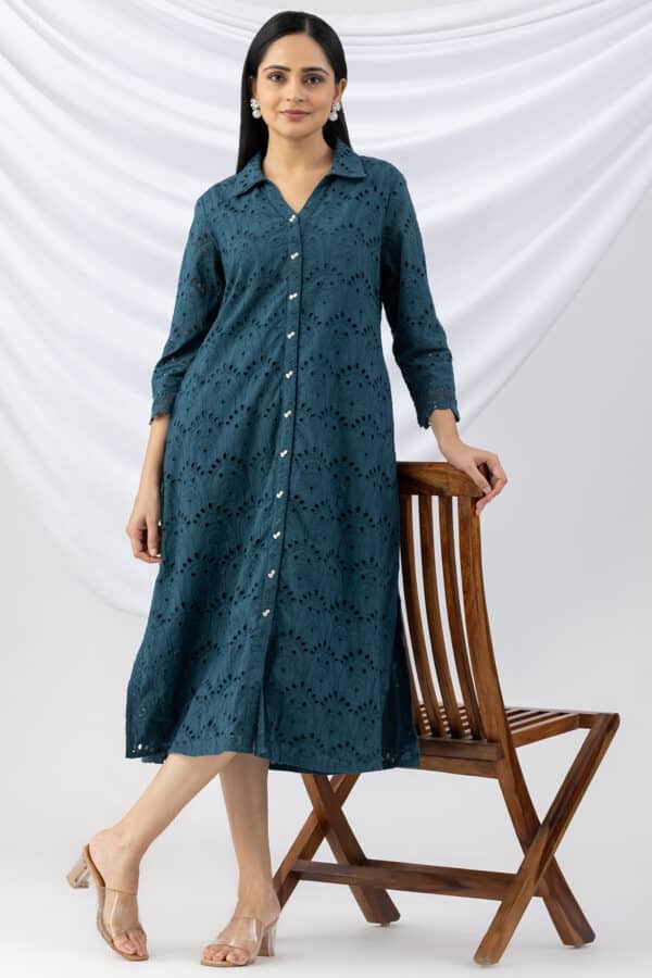 cotton dress women teal schiffli collared dress with 3/4 sleeves