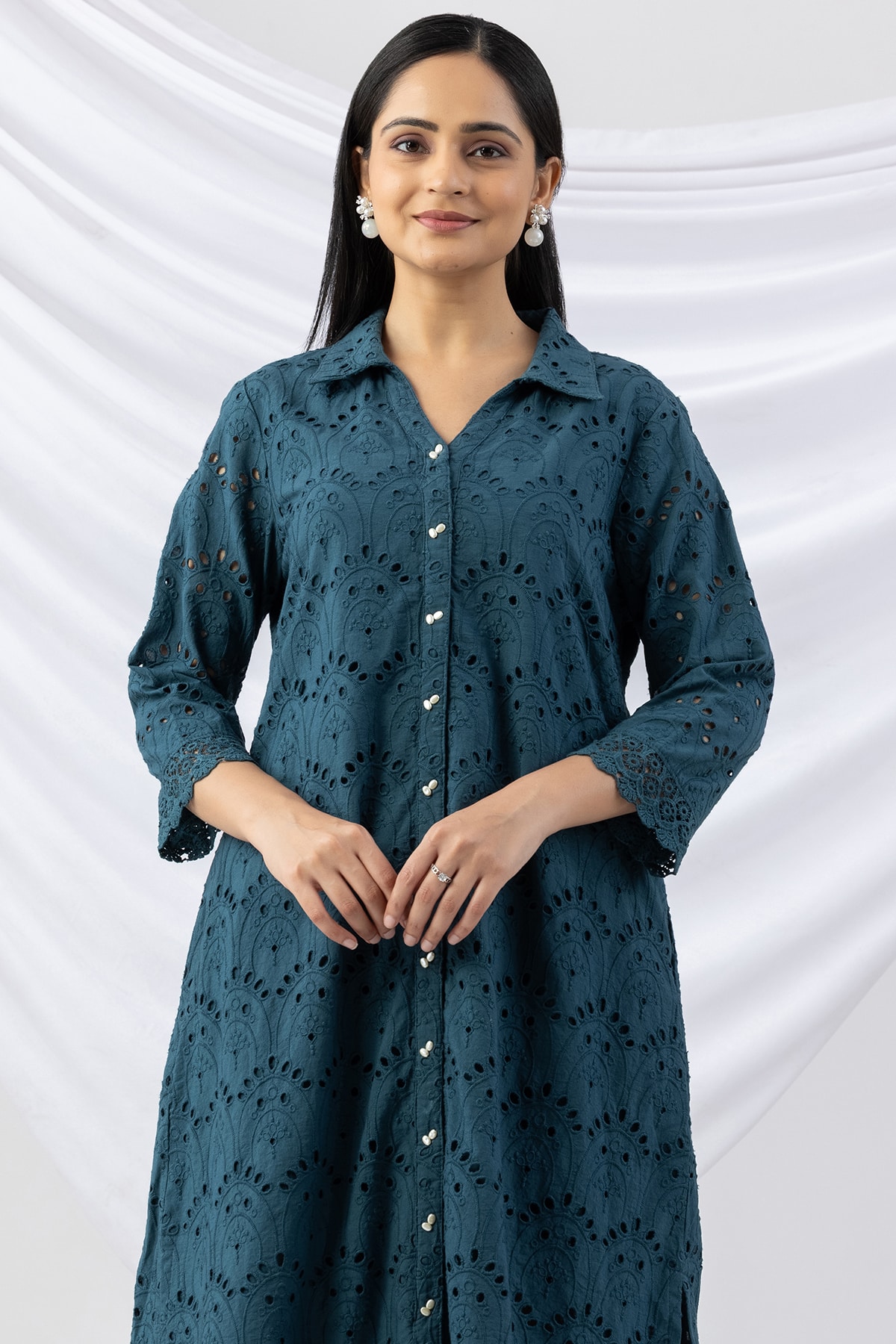 cotton dress women teal schiffli collared dress with 3/4 sleeves