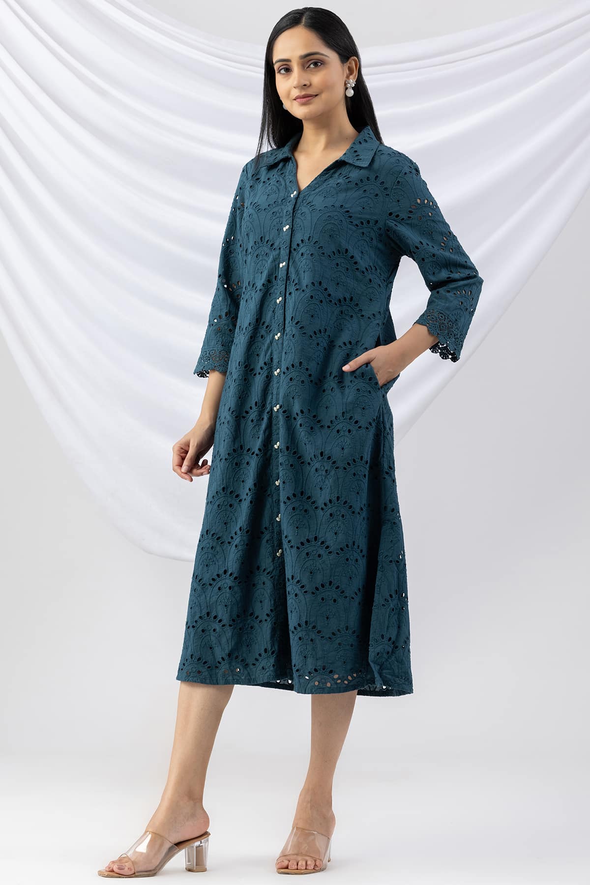 cotton dress women teal schiffli collared dress with 3/4 sleeves