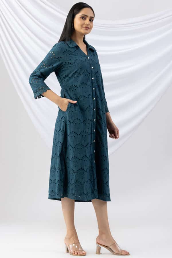 cotton dress women teal schiffli collared dress with 3/4 sleeves