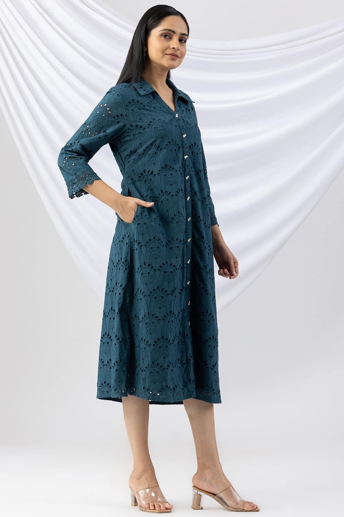 cotton dress women teal schiffli collared dress with 3/4 sleeves