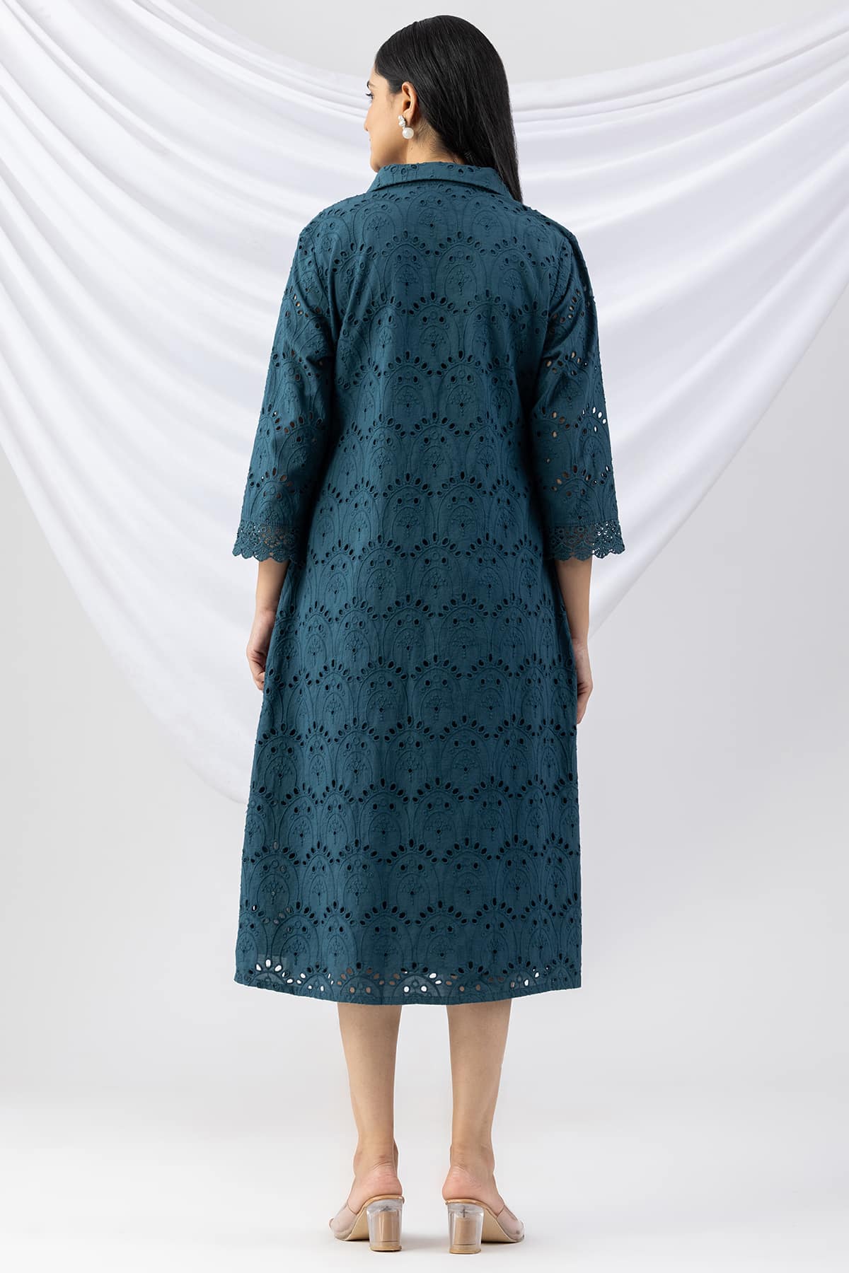 cotton dress women teal schiffli collared dress with 3/4 sleeves