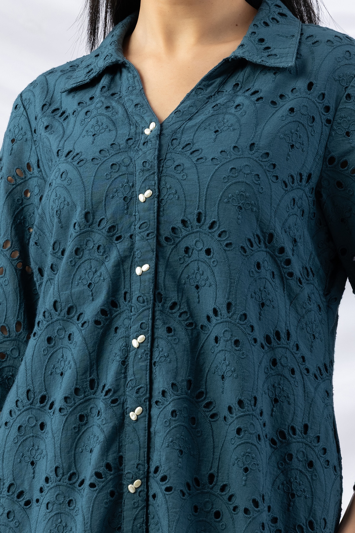 cotton dress women teal schiffli collared dress with 3/4 sleeves