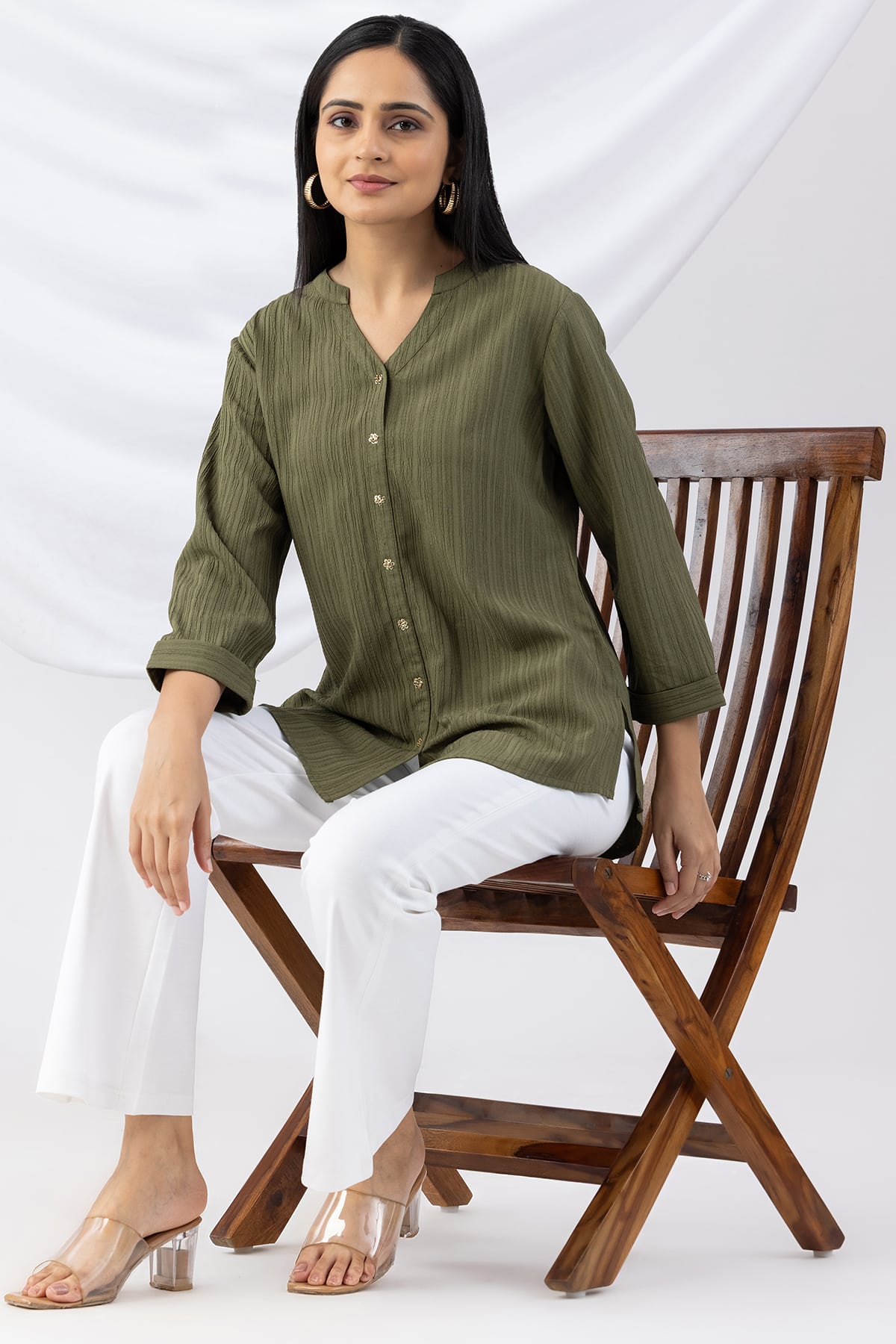 mandarin collar shirt women sage green crepe dobby regular fit with 3/4 sleeves