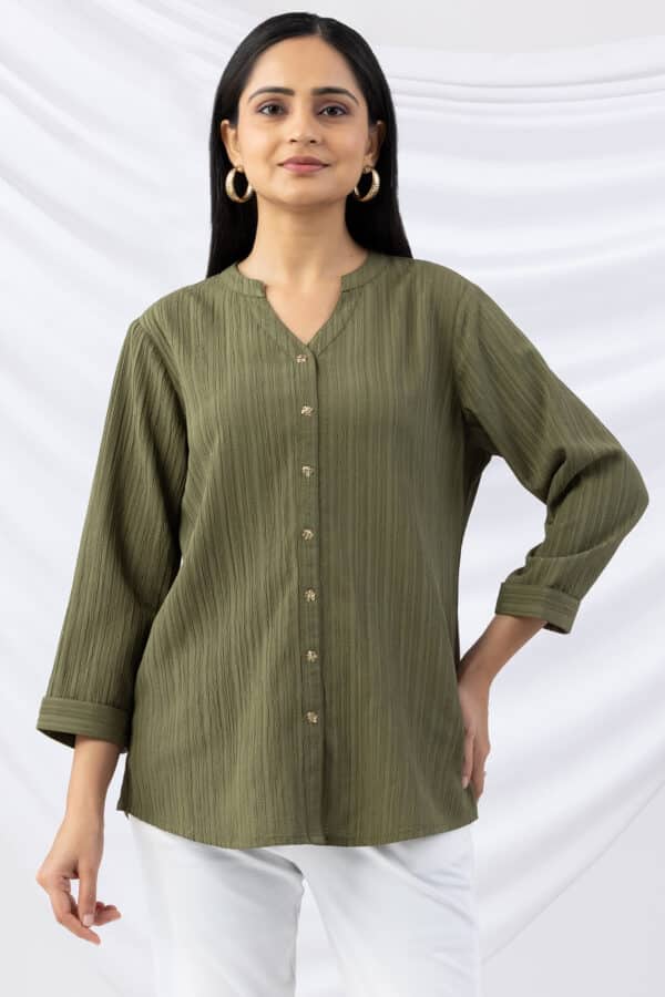 mandarin collar shirt women sage green crepe dobby regular fit with 3/4 sleeves