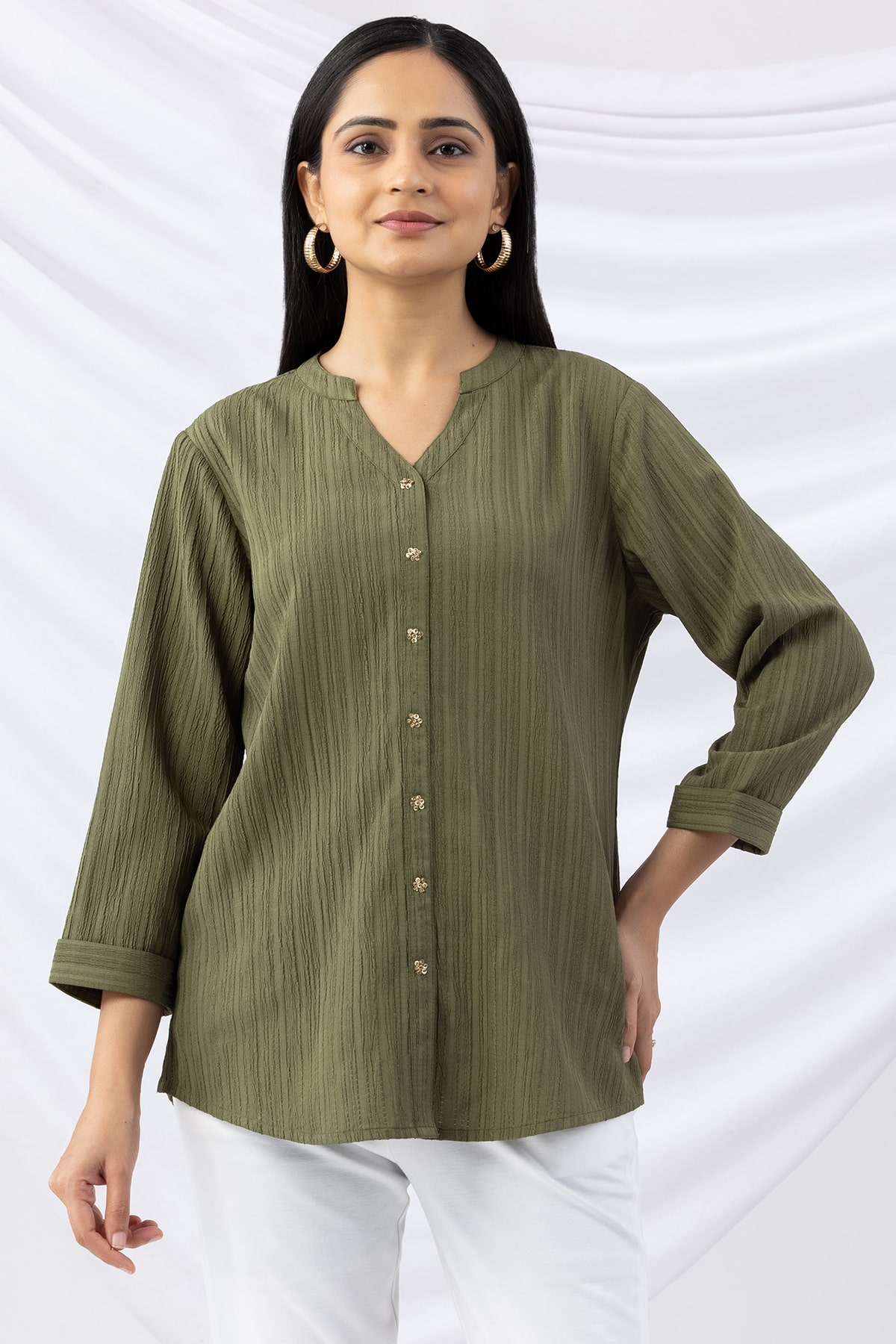 mandarin collar shirt women sage green crepe dobby regular fit with 3/4 sleeves
