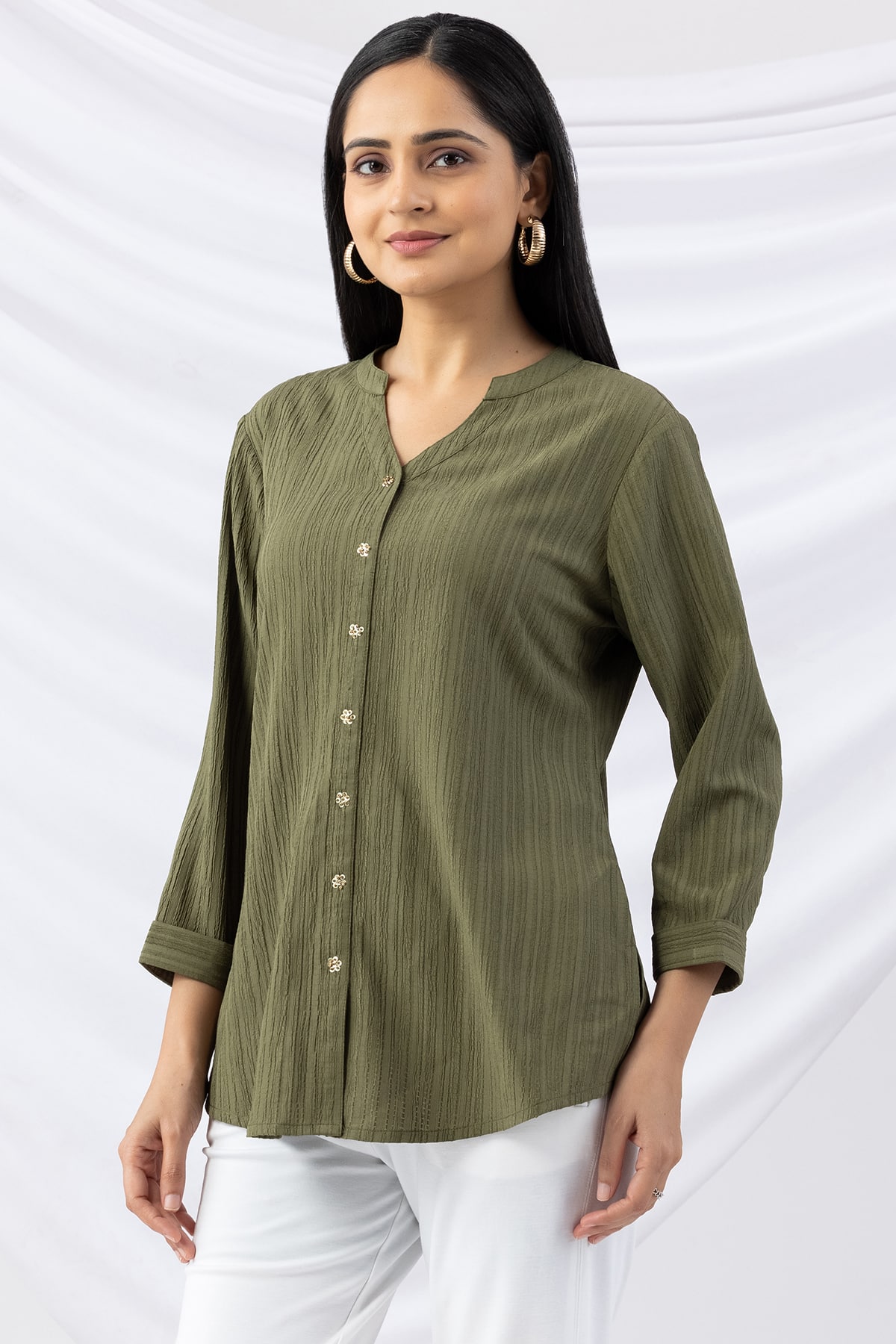 mandarin collar shirt women sage green crepe dobby regular fit with 3/4 sleeves