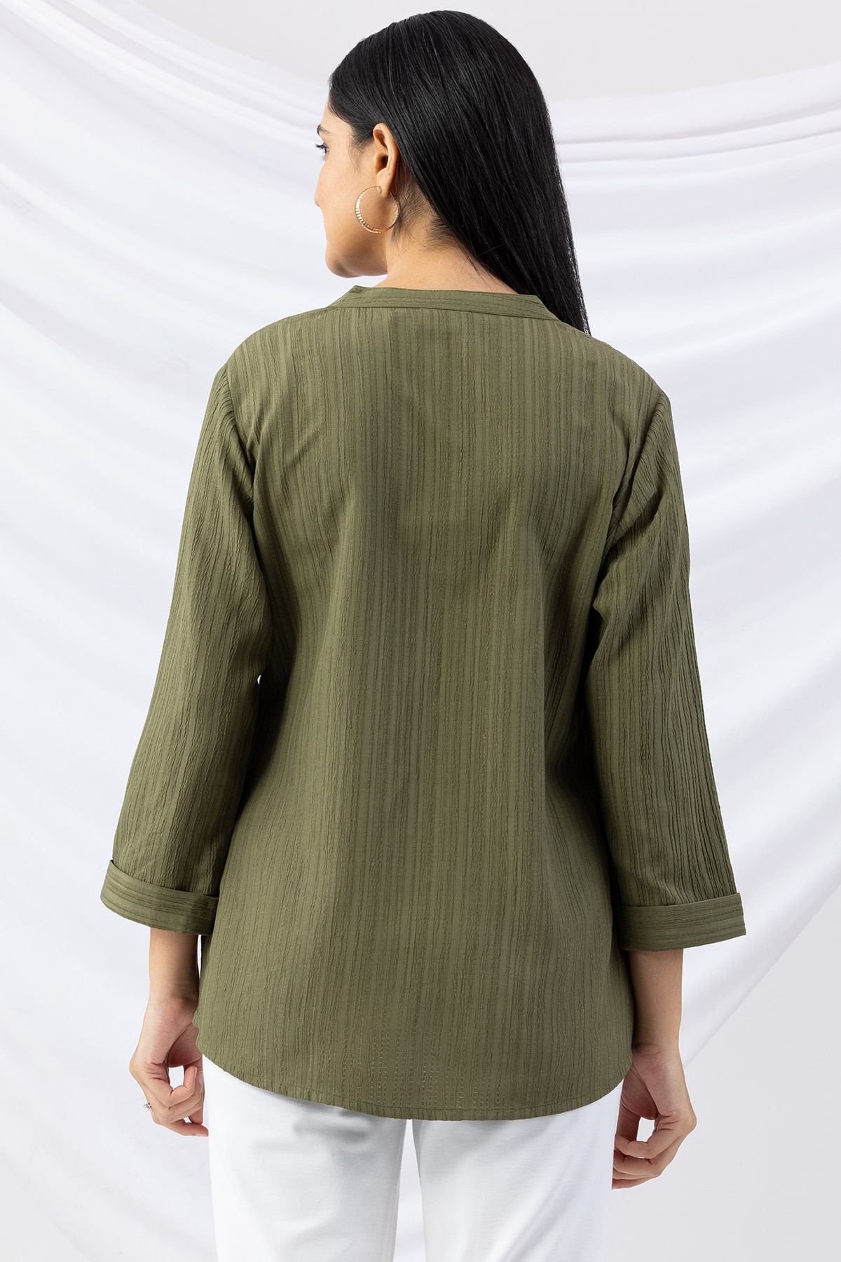 mandarin collar shirt women sage green crepe dobby regular fit with 3/4 sleeves