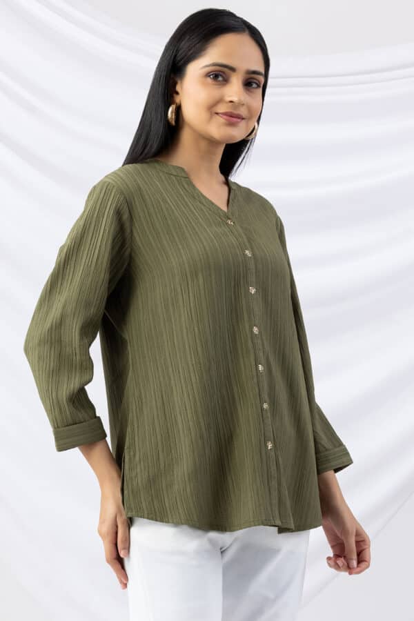 mandarin collar shirt women sage green crepe dobby regular fit with 3/4 sleeves