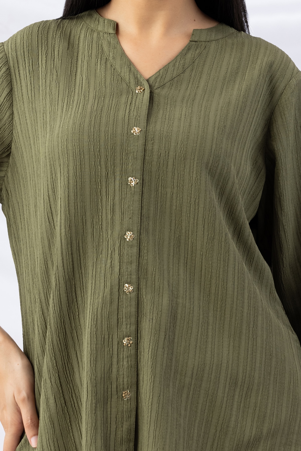 mandarin collar shirt women sage green crepe dobby regular fit with 3/4 sleeves
