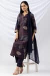 kurti for woman purple embroidered round neck with 3/4 sleeves
