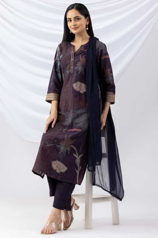 kurti for woman purple embroidered round neck with 3/4 sleeves