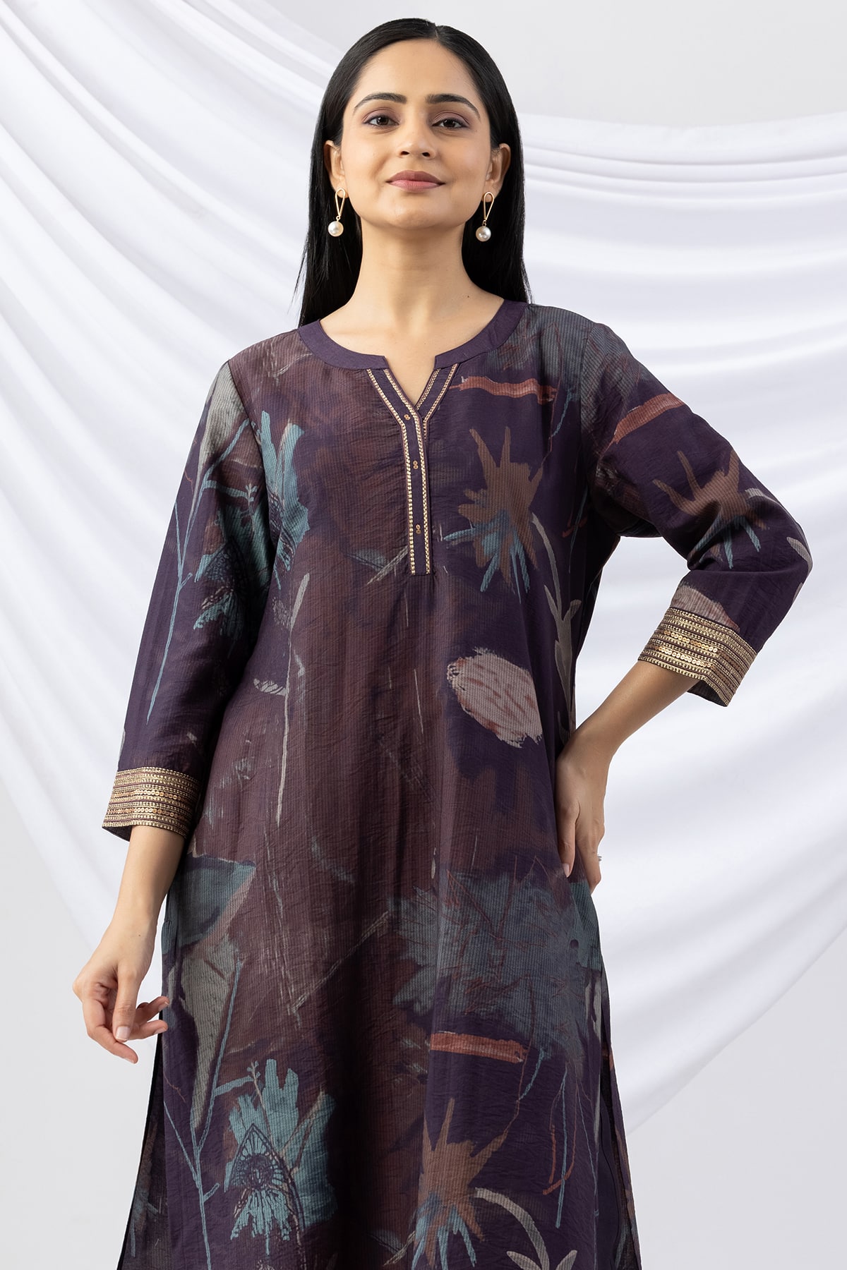 kurti for woman purple embroidered round neck with 3/4 sleeves