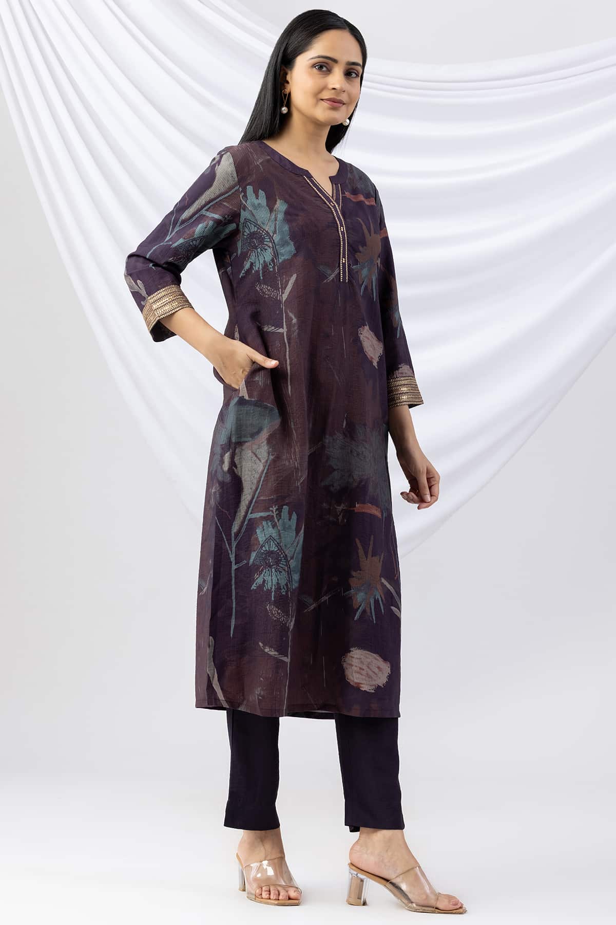 kurti for woman purple embroidered round neck with 3/4 sleeves