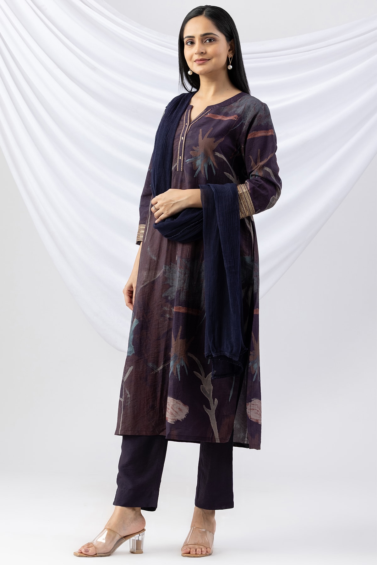 kurti for woman purple embroidered round neck with 3/4 sleeves