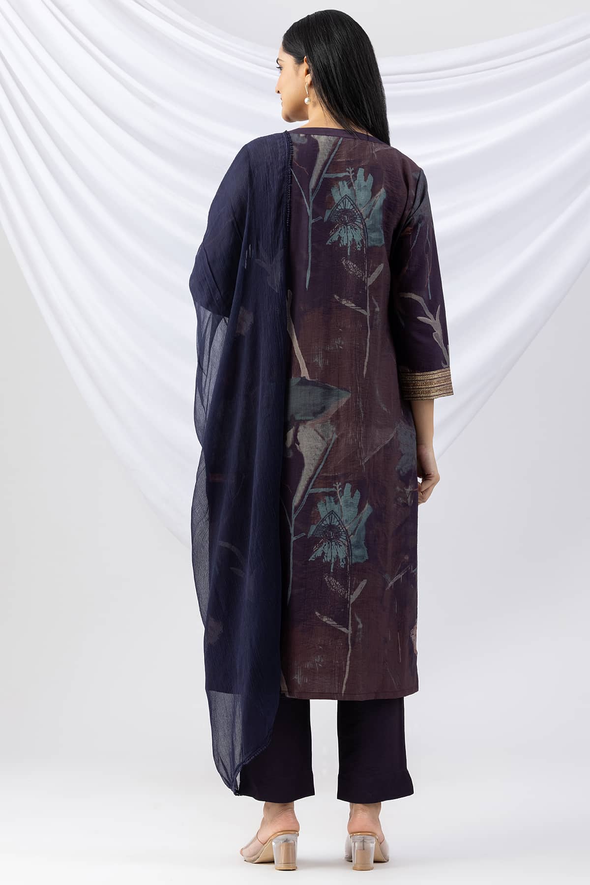 kurti for woman purple embroidered round neck with 3/4 sleeves
