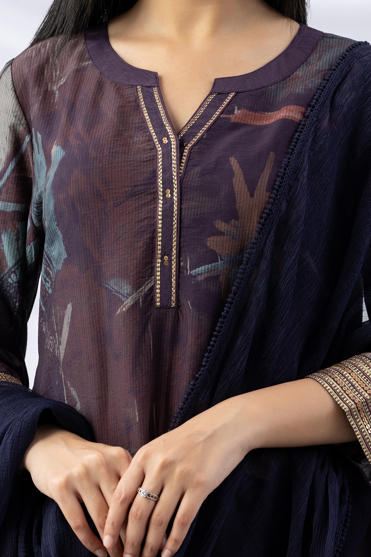 kurti for woman purple embroidered round neck with 3/4 sleeves