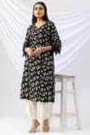 women's black kurti printed viscose v neck with 3/4 sleeves