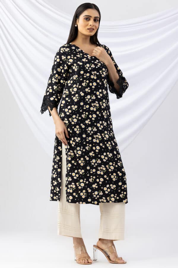 women's black kurti printed viscose v neck with 3/4 sleeves