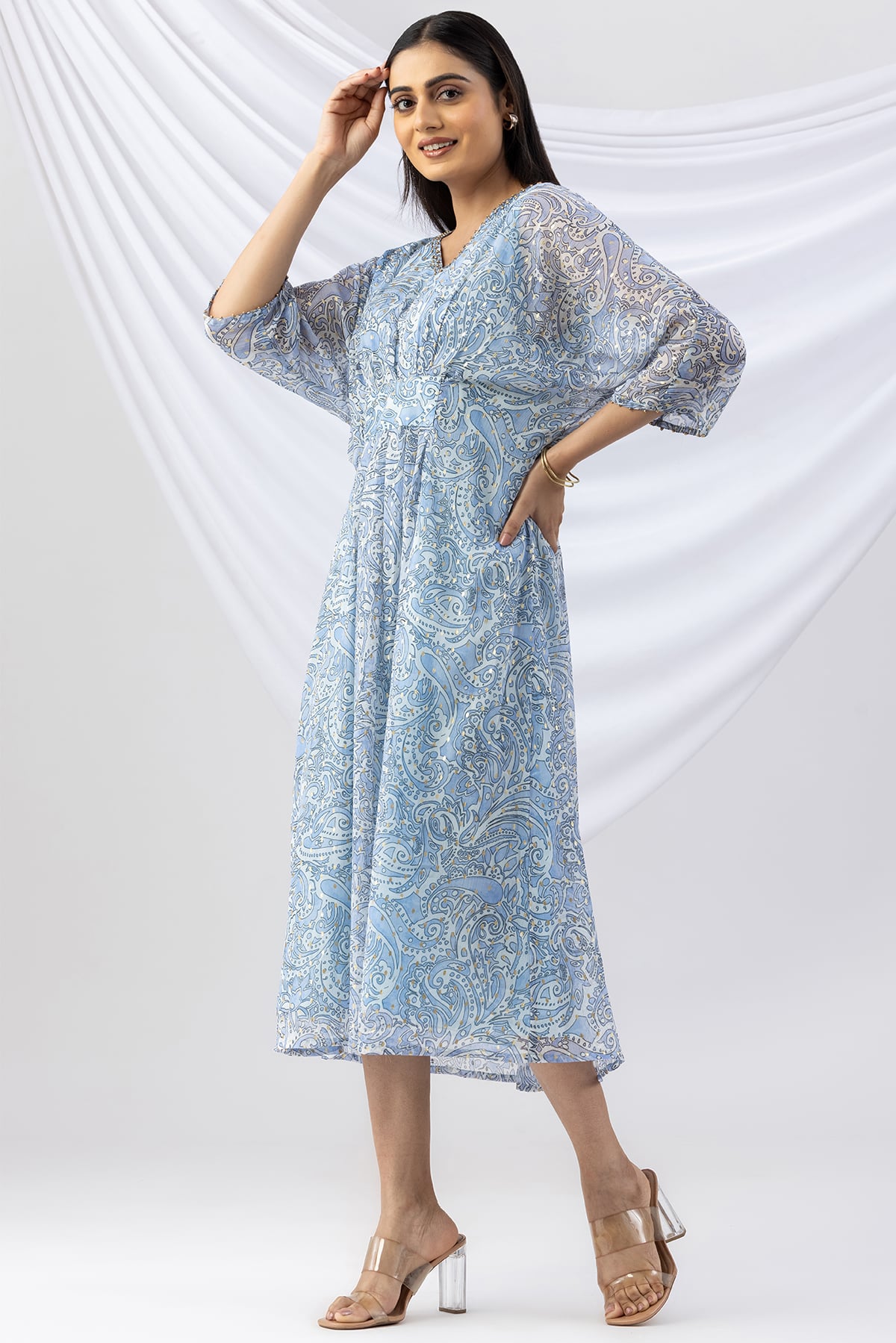 v neck kaftan dress sky blue printed chiffon with kimono sleeves