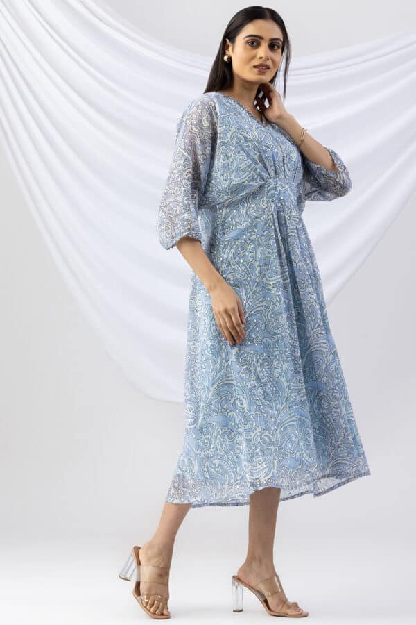 v neck kaftan dress sky blue printed chiffon with kimono sleeves