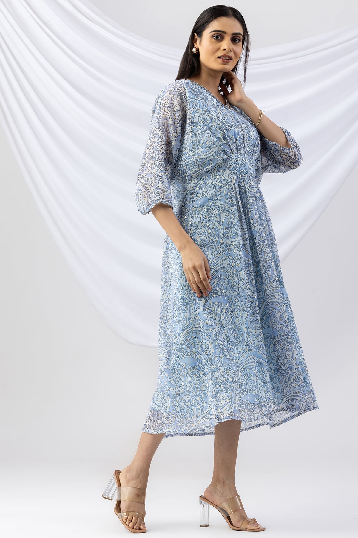 v neck kaftan dress sky blue printed chiffon with kimono sleeves