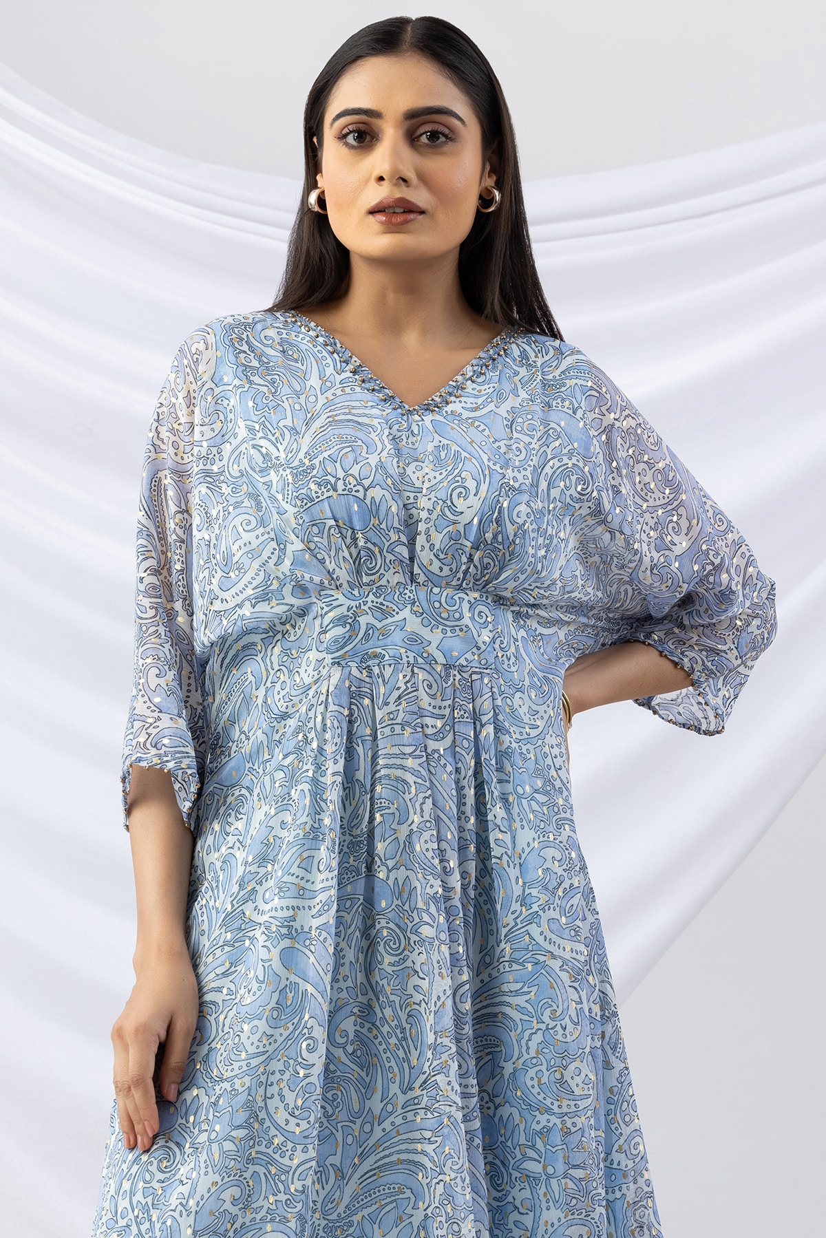 v neck kaftan dress sky blue printed chiffon with kimono sleeves