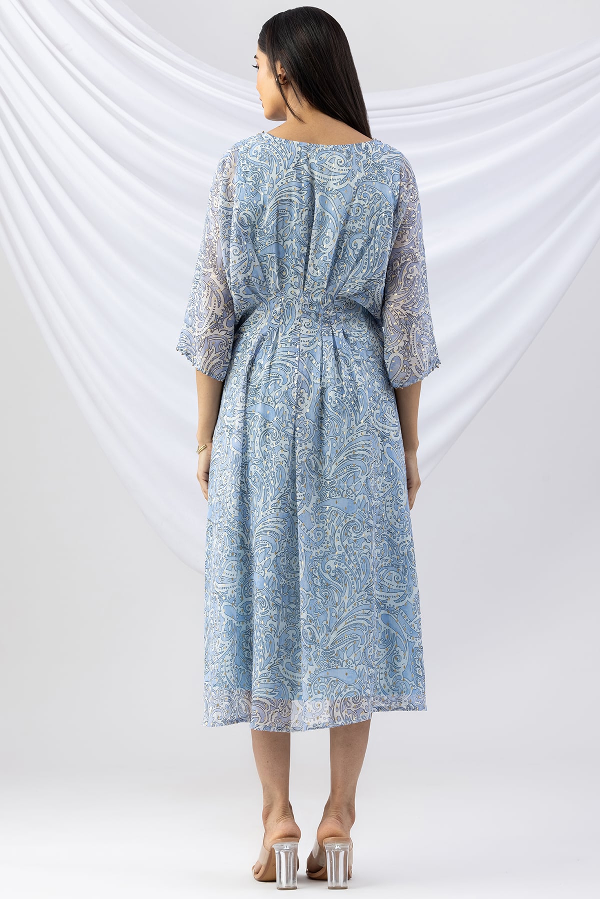 v neck kaftan dress sky blue printed chiffon with kimono sleeves