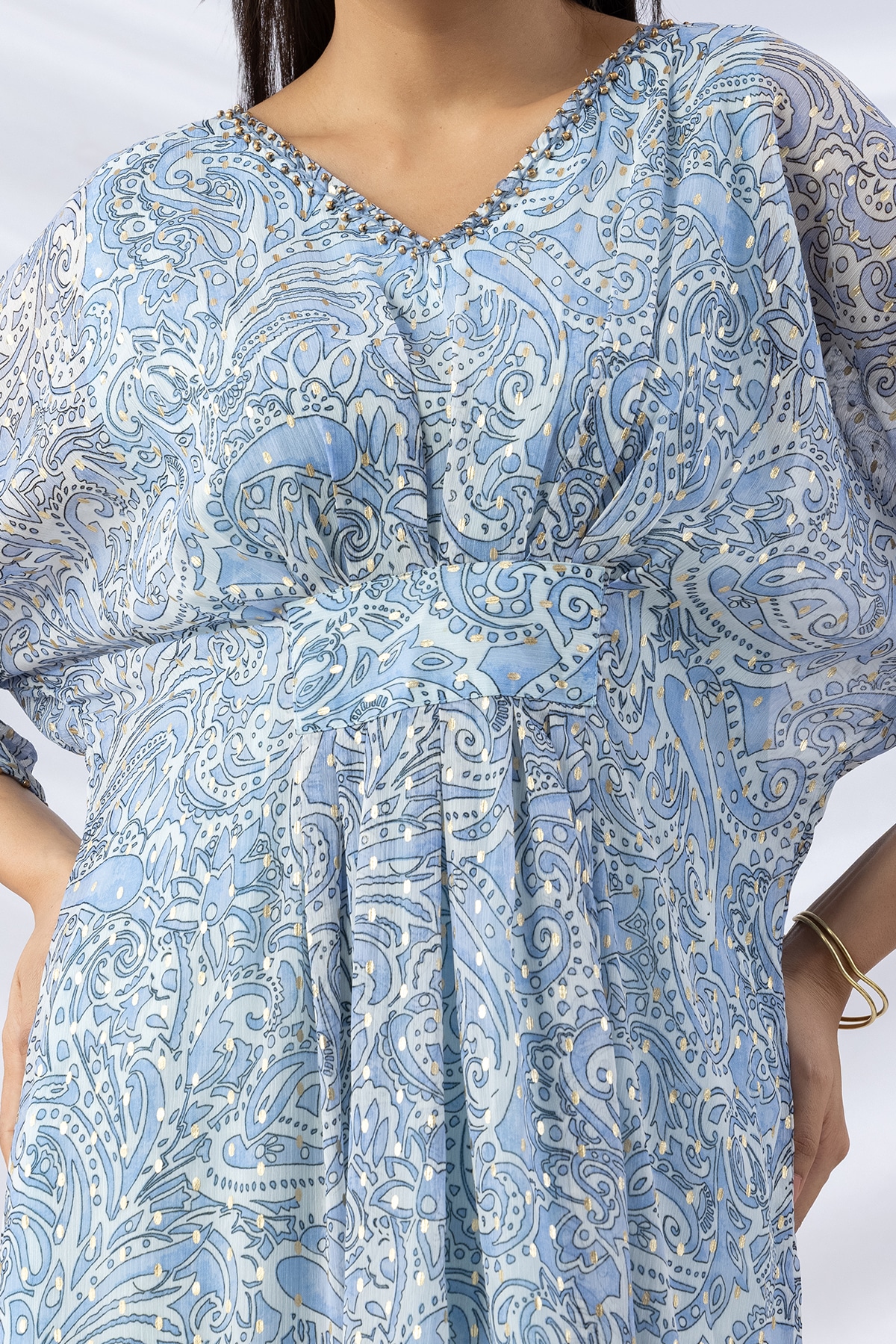 v neck kaftan dress sky blue printed chiffon with kimono sleeves