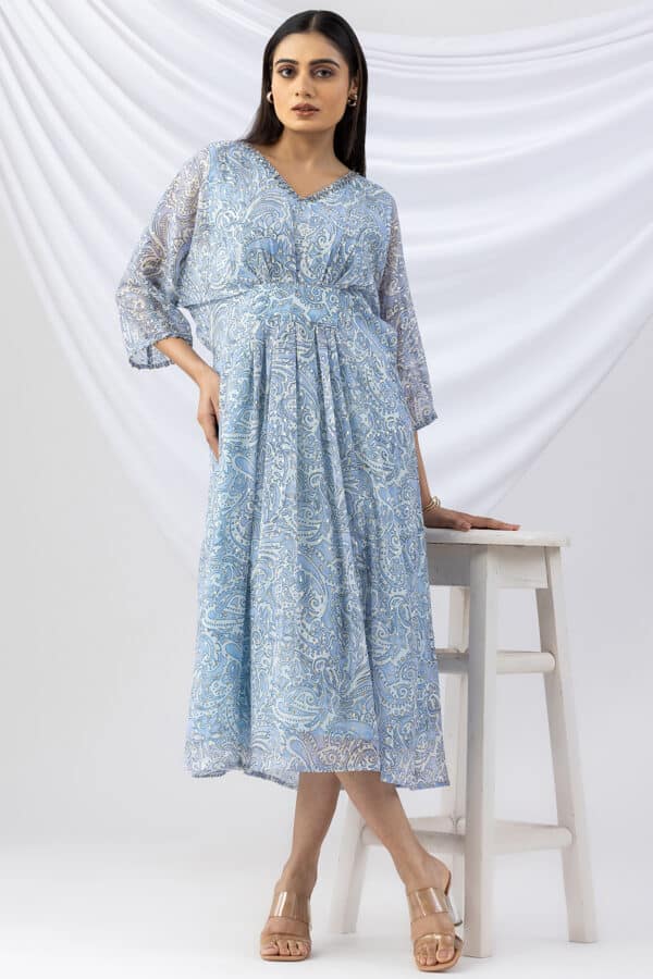 v neck kaftan dress sky blue printed chiffon with kimono sleeves