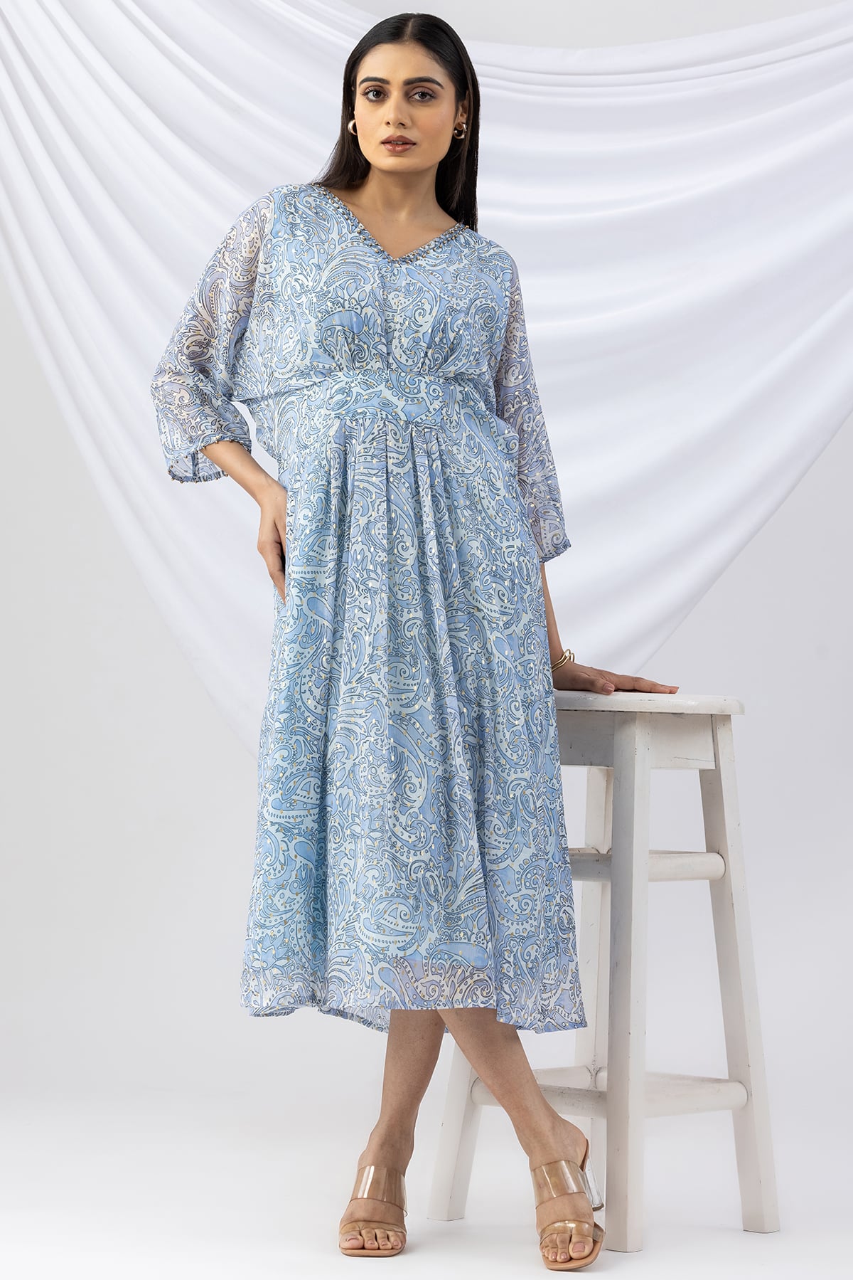 v neck kaftan dress sky blue printed chiffon with kimono sleeves