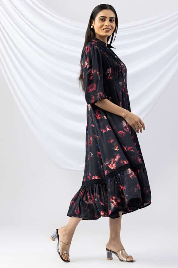 black dress for women party wear printed satin chiffon collared with 3/4 sleeves