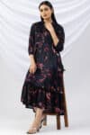 black dress for women party wear printed satin chiffon collared with 3/4 sleeves