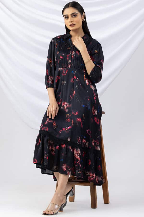 black dress for women party wear printed satin chiffon collared with 3/4 sleeves