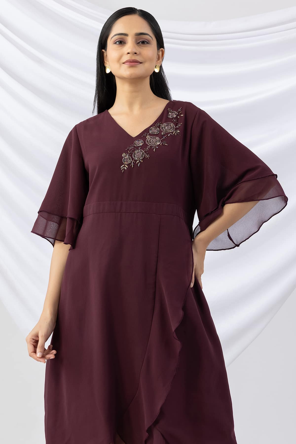 georgette dress for women wine embroidered v neck with flared sleeves