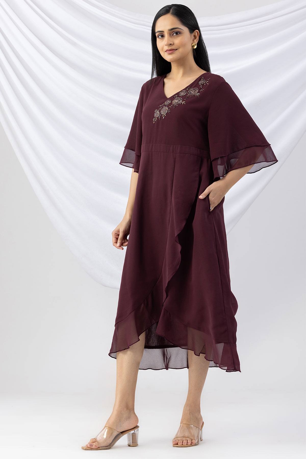 georgette dress for women wine embroidered v neck with flared sleeves