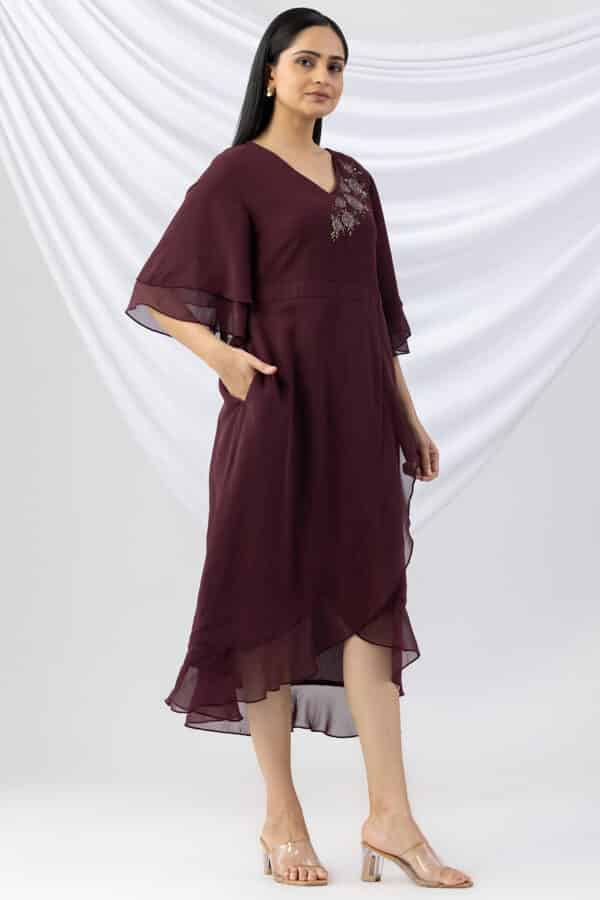 georgette dress for women wine embroidered v neck with flared sleeves