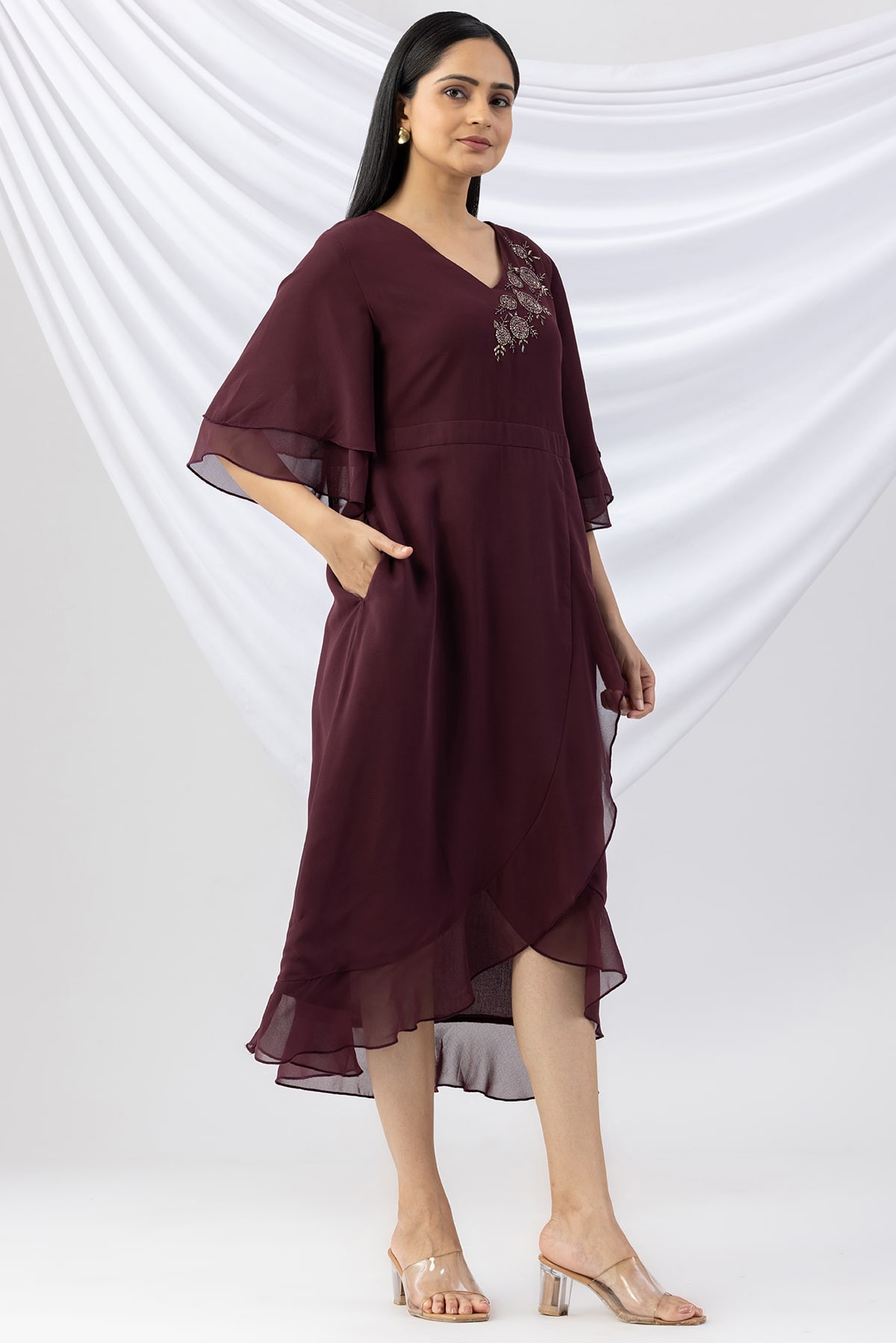 georgette dress for women wine embroidered v neck with flared sleeves